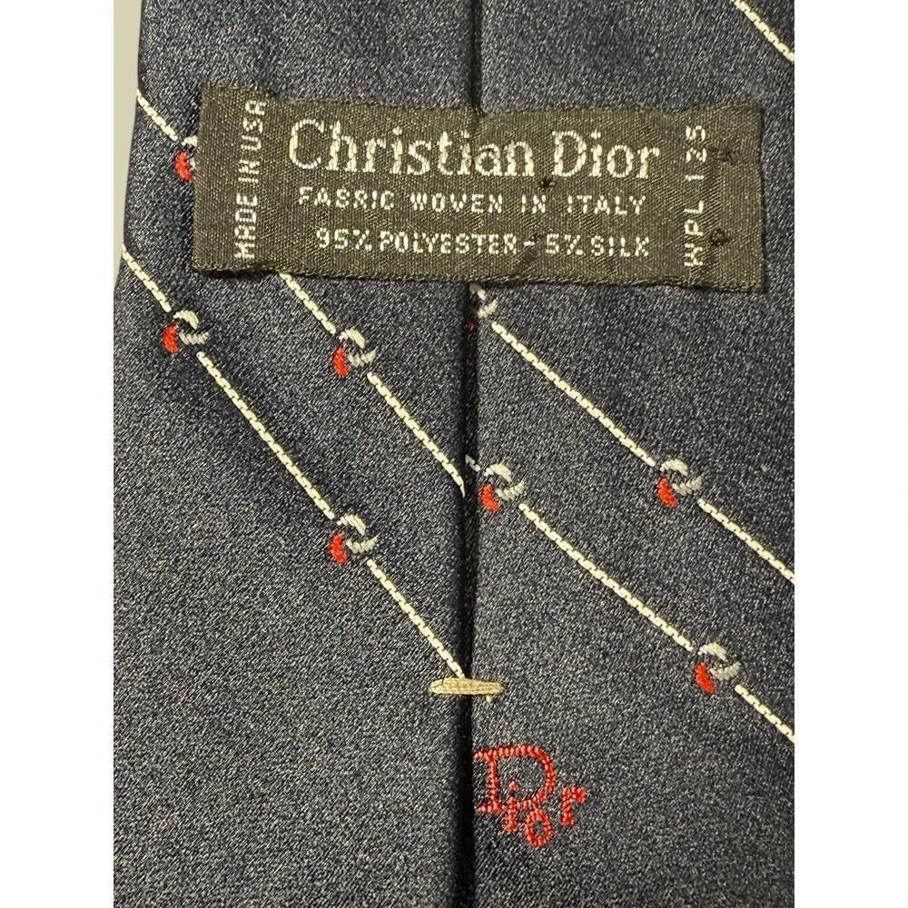 Vintage Christian Dior Mens Tie, Blue w/ White Line Stripes, Dior Logo Center